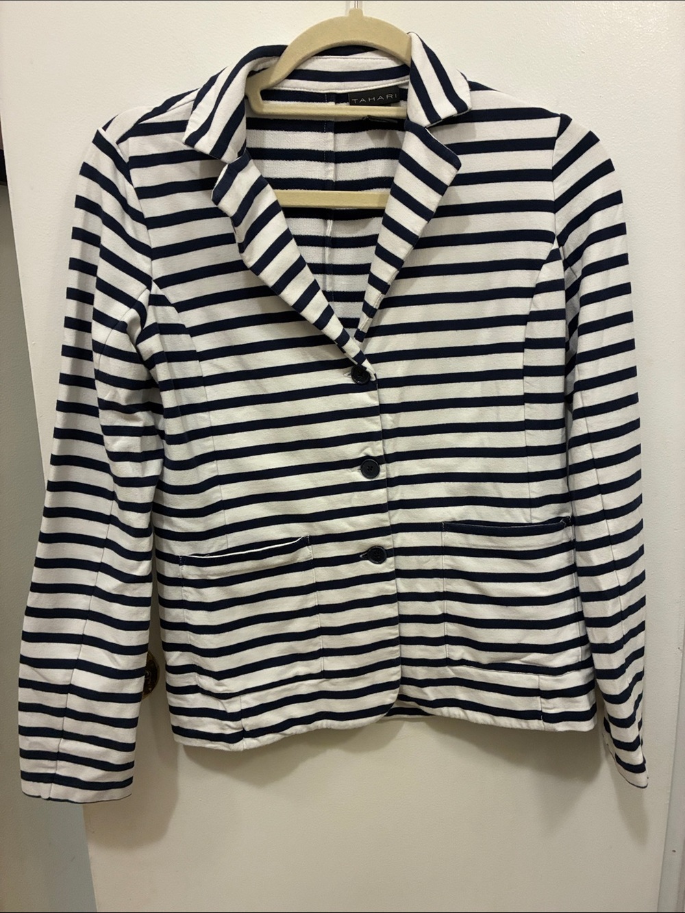 Tahari Navy and White Striped Women’s Blazer Preppy Coastal